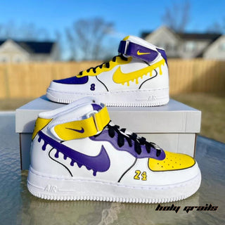 Air Force 1 x Lakers Drip Basket Ball Themed Custom Kicks - Both Sides With Box