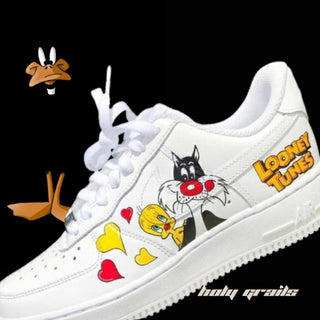 Air Force 1 x Slyvester Cartoon Character Themed Custom Kicks - Side Close Up with Slyvester & Tweety