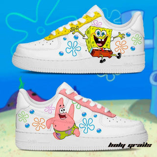 Air Force 1 x Sponge Bob Cartoon Themed Custom Kicks - Sides with Patrick (SpongeBob's Friend) & on Other Side SpongeBob