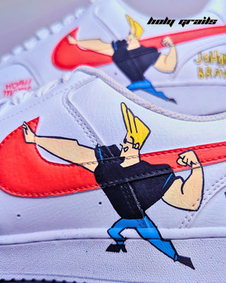 Buy Custom Air Force 1 x Johnny Bravo Cartoon Themed Sneaker - Side 1 Close Up