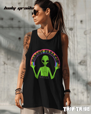 Female in Street Style '🌈 Nobody Freakin’ Cares' 180 GSM 100% Cotton Black Sleeveless Vest HG x Trip Tribe - Front
