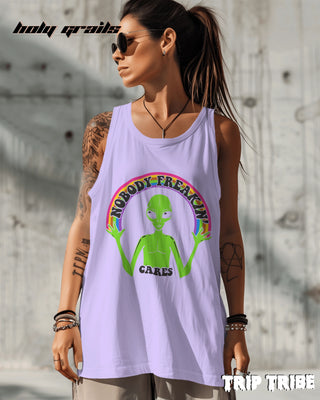 Female in Street Style '🌈 Nobody Freakin’ Cares' 180 GSM 100% Cotton Lavender Sleeveless Vest HG x Trip Tribe - Front