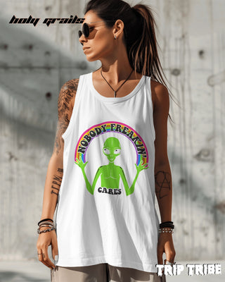 Female in Street Style '🌈 Nobody Freakin’ Cares' 180 GSM 100% Cotton White Sleeveless Vest HG x Trip Tribe - Front