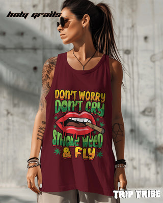 Female in Street Style 'Smoke Weed & Fly' 180 GSM 100% Cotton Maroon Sleeveless Vest HG x Trip Tribe - Front