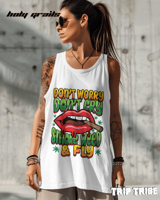 Female in Street Style 'Smoke Weed & Fly' 180 GSM 100% Cotton White Sleeveless Vest HG x Trip Tribe - Front