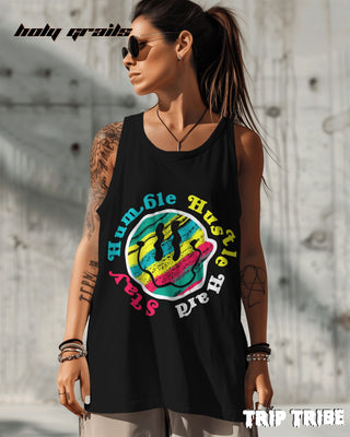 Female in Street Style 'Stay Humble Hustle Hard' 180 GSM 100% Cotton Black Sleeveless Vest HG x Trip Tribe - Front
