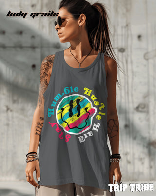 Female in Street Style 'Stay Humble Hustle Hard' 180 GSM 100% Cotton Grey Melange Sleeveless Vest HG x Trip Tribe - Front