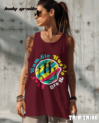 Female in Street Style 'Stay Humble Hustle Hard' 180 GSM 100% Cotton Maroon Sleeveless Vest HG x Trip Tribe - Front