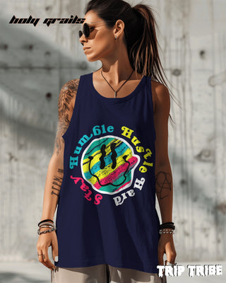 Female in Street Style 'Stay Humble Hustle Hard' 180 GSM 100% Cotton Navy Blue Sleeveless Vest HG x Trip Tribe - Front