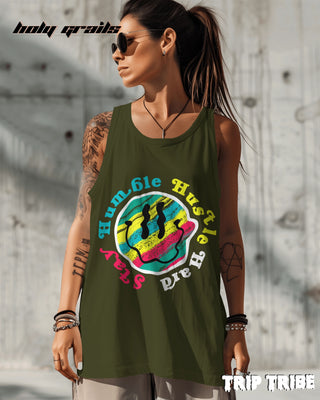Female in Street Style 'Stay Humble Hustle Hard' 180 GSM 100% Cotton Olive Green Sleeveless Vest HG x Trip Tribe - Front