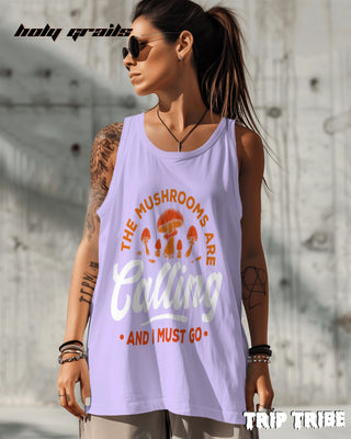 Female in Street Style 'The Mushrooms Are Calling' 180 GSM 100% Cotton Lavender Sleeveless Vest HG x Trip Tribe - Front