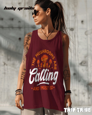 Female in Street Style 'The Mushrooms Are Calling' 180 GSM 100% Cotton Maroon Sleeveless Vest HG x Trip Tribe - Front