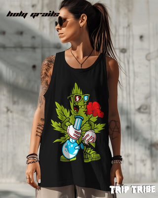 Female in Street Style 'ZaZa High' 180 GSM 100% Cotton Black Sleeveless Vest HG x Trip Tribe - Front