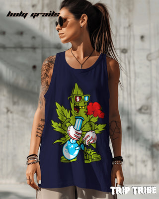 Female in Street Style 'ZaZa High' 180 GSM 100% Cotton Navy Blue Sleeveless Vest HG x Trip Tribe - Front