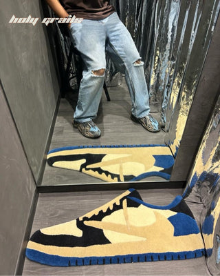 Fragment Kicks Tufted Rug on Floor of Changing Room