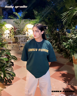 Girl in Streetwear Style 'Mammoth' Green Oversized 240 GSM Terry Cotton T-Shirt - Front