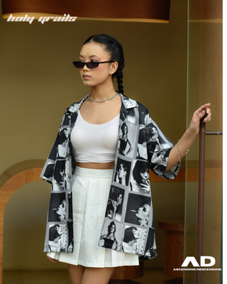 Girl in Streetwear Style 'Shahi Shauk' Grey Oversized Polycotton Shirt  - Front Looking Away