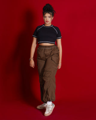 Girl in Streetwear Style 'Black & White Era' Black French Terry Cotton 240 GSM Crop Top - Front