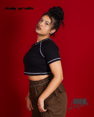 Girl in Streetwear Style 'Black & White Era' Black French Terry Cotton 240 GSM Crop Top - Side