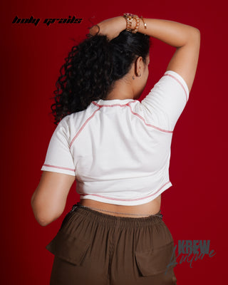 Girl in Streetwear Style 'Red Heart' White French Terry Cotton 240 GSM Crop Top - Back