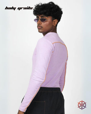Guy In Streetwear Style Purple 'Orchid Zest' 300 GSM Cotton Lycra 1x1 Ribbed Knit Bodyfit Zip Top HG x Duskin - Back Side
