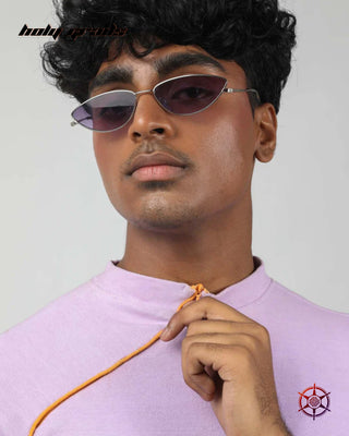 Guy In Streetwear Style Purple 'Orchid Zest' 300 GSM Cotton Lycra 1x1 Ribbed Knit Bodyfit Zip Top HG x Duskin - Front Close Up