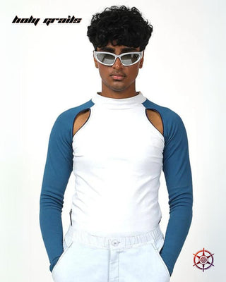 Guy In Streetwear Style 'Arctic Wave'  Blue White 300 GSM Cotton Lycra 1x1 Ribbed Knit Keyhole Top HG x Duskin - Front