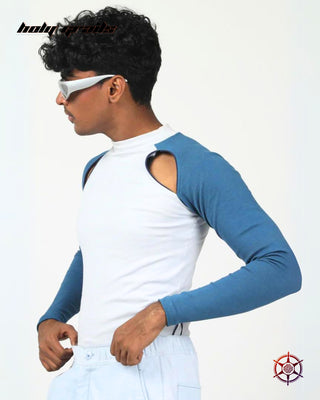 Guy In Streetwear Style 'Arctic Wave'  Blue White 300 GSM Cotton Lycra 1x1 Ribbed Knit Keyhole Top HG x Duskin - Front Side 1
