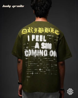 Guy In Streetwear Style 'Sniful Shadows' Olive Green 240 GSM 100% French Terry Cotton Oversize Tee HG x DRBL - Back