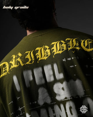 Guy In Streetwear Style 'Sniful Shadows' Olive Green 240 GSM 100% French Terry Cotton Oversize Tee HG x DRBL - Back Close Up