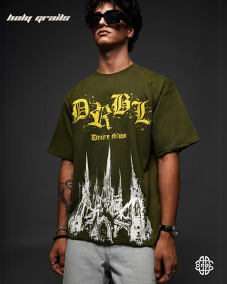 Guy In Streetwear Style 'Sniful Shadows' Olive Green 240 GSM 100% French Terry Cotton Oversize Tee HG x DRBL - Front