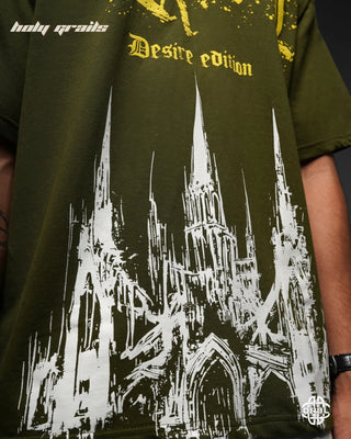 Guy In Streetwear Style 'Sniful Shadows' Olive Green 240 GSM 100% French Terry Cotton Oversize Tee HG x DRBL - Front Close Up