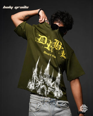 Guy In Streetwear Style 'Sniful Shadows' Olive Green 240 GSM 100% French Terry Cotton Oversize Tee HG x DRBL - Front Full