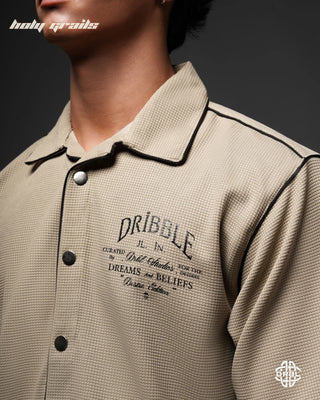 Guy In Streetwear Style 'Waffle' Sahara Beige 200 GSM Cotton Waffle Fabric Oversize Shirt HG x DRBL - Front Close Up