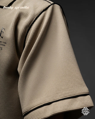 Guy In Streetwear Style 'Waffle' Sahara Beige 200 GSM Cotton Waffle Fabric Oversize Shirt HG x DRBL - Sleeve Close Up