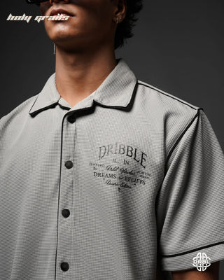 Guy In Streetwear Style 'Waffle' Silver Mist Grey 200 GSM Cotton Waffle Fabric Oversize Shirt HG x DRBL - Front Close Up
