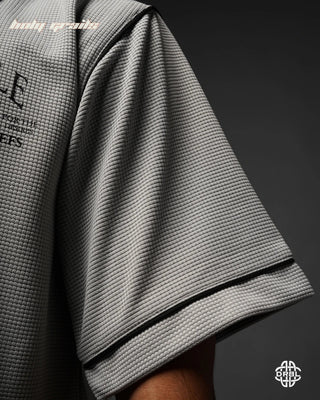 Guy In Streetwear Style 'Waffle' Silver Mist Grey 200 GSM Cotton Waffle Fabric Oversize Shirt HG x DRBL - Sleeve Close Up