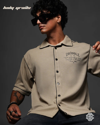 Guy Sitting In Streetwear Style 'Waffle' Sahara Beige 200 GSM Cotton Waffle Fabric Oversize Shirt HG x DRBL - Front