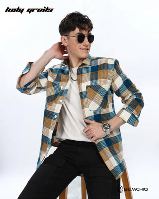 Guy Sitting on Chair in Streetwear Style 'Waffle Blue' Flannel Cotton Multi-Color Full Sleeve Overshirt HG x Bumchiq - Front