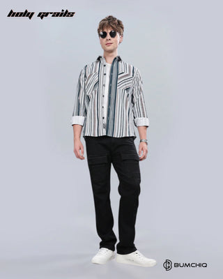 Guy Standing in Streetwear 'Green Cream Stripes' White 70% Cotton 30% Polyester Full Sleeves Overshirt HG x Bumchiq - Front Full