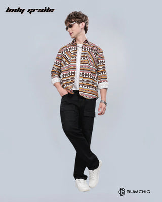 Guy Standing in Streetwear 'Orange Aztec' Full Sleeve 70% Cotton 30% Polyester Overshirt HG x Bumchiq - Front Full