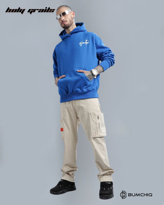 Guy Standing in Streetwear 'Space Time' Blue 350-370 GSM 100% Cotton Puff Print Oversize Hoodie HG x Bumchiq - Front Full