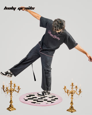 Guy Standing on  Dreamwave Check Tufted Rug