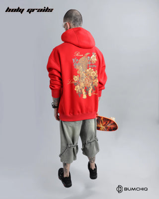 Guy Standing with Skateboard in Streetwear 'Tiger Roar' Red 350-370 GSM 100% Cotton Puff Print Oversize Hoodie HG x Bumchiq - Back