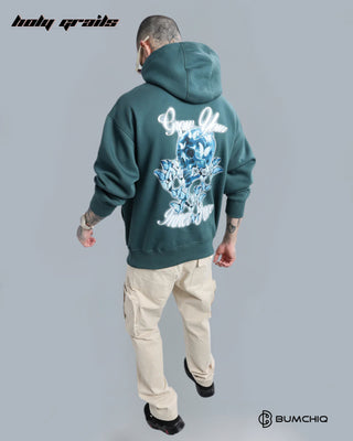 Guy Walking in Streetwear 'Glowing Skull' Dark Teal 350-370 GSM 100% Cotton DTF Print Oversize Hoodie HG x Bumchiq - Back Full