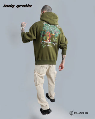 Guy Walking Funny in Streetwear 'Money' Green Olive 350-370 GSM 100% Cotton DTF Print Oversize Hoodie HG x Bumchiq - Back Full