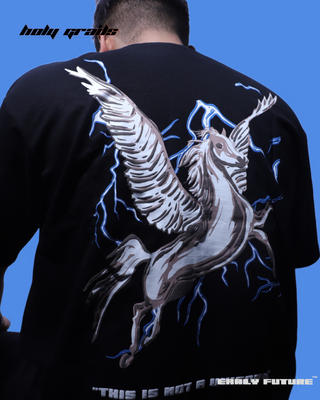 Guy in Streetwear Style 'Not A Unicorn' Jett Black Oversized 240 GSM Terry Cotton T-Shirt - Back