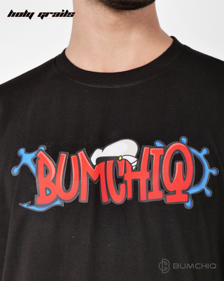 Guy in Streetwear Style 'Popeye' Black 240 GSM French Terry Cotton T-Shirt - Front Close Up