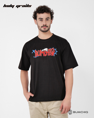 Guy in Streetwear Style 'Popeye' Black 240 GSM French Terry Cotton T-Shirt - Front Hand in Pocket