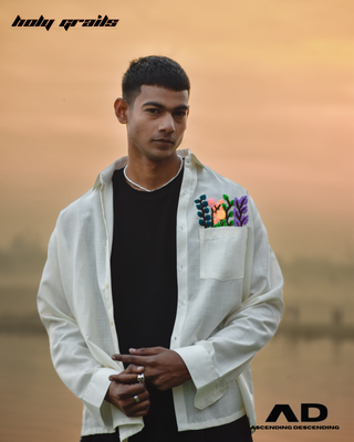 Guy in Streetwear Style 'Rangoli' White Oversized Linen Full Sleeve Shirt - Front